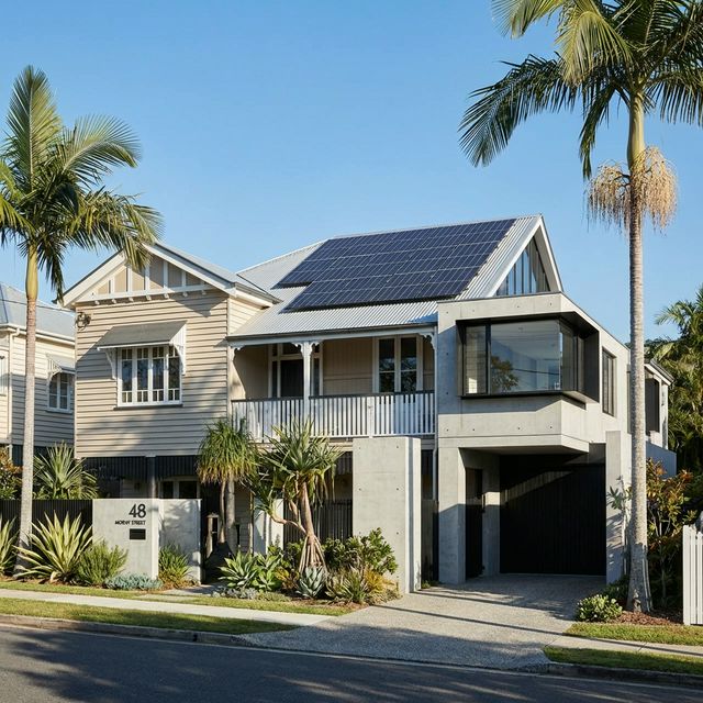 A high quality realistic residential home in New Farm Queensland with a brand new solar panel array on the roof