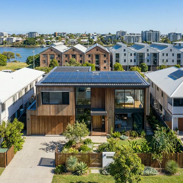 A high quality realistic residential home in Teneriffe Queensland with a brand new solar panel array on the roof